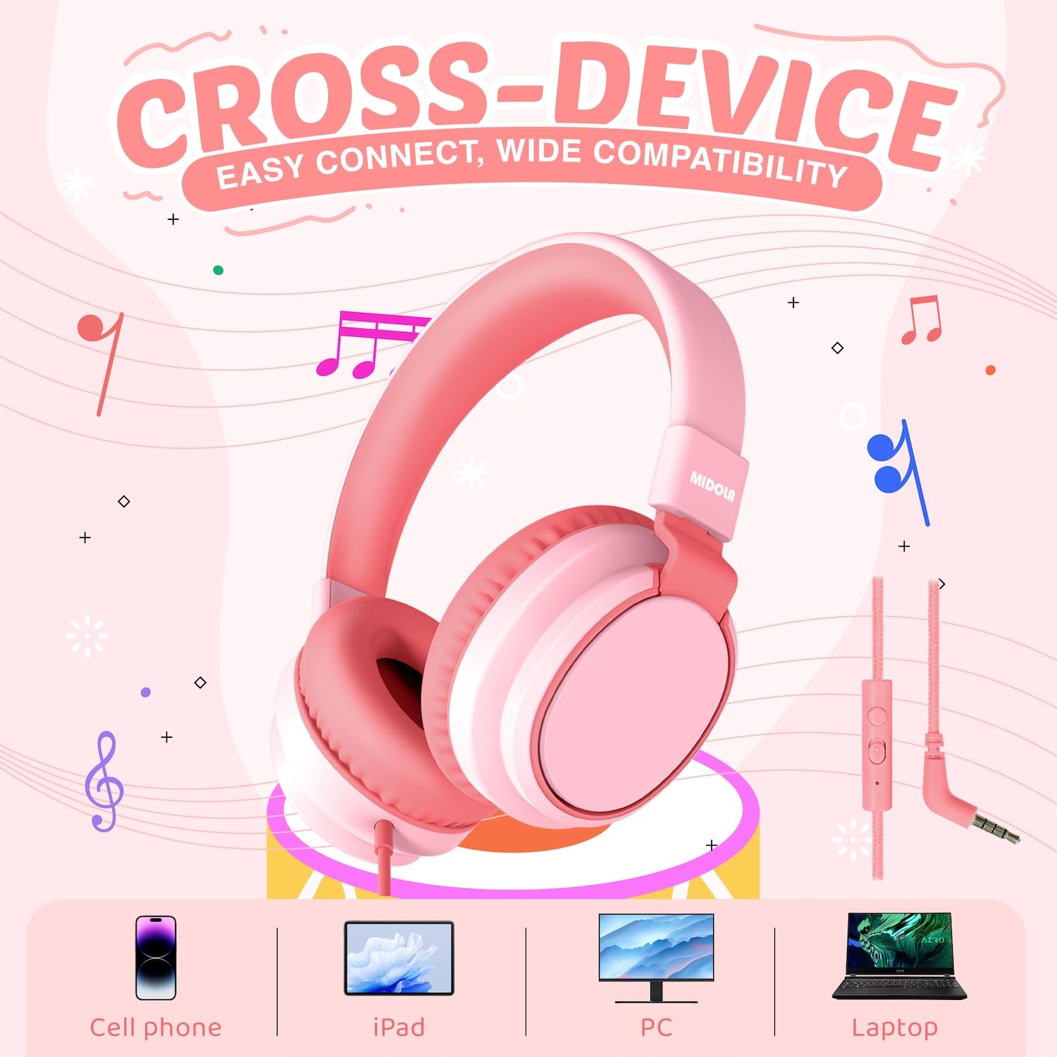 Auriculares para niños con volumen limitado a 85/94 dB - Auriculares con cable plegables para colocar sobre la oreja con micrófono, color rosa