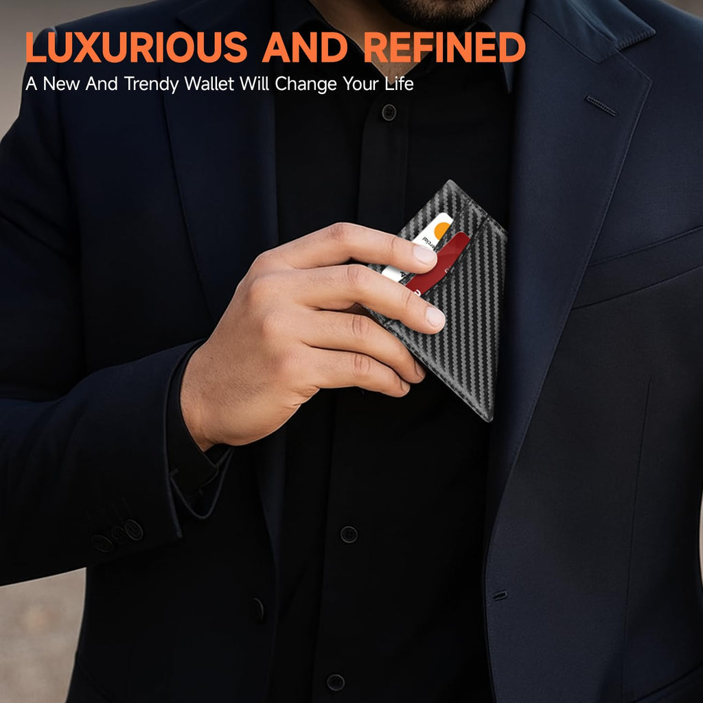 Cartera Ultrafina para Hombre, Billetera de Cuero con Bloqueo RFID, Bifold Elegante con Bolsillo Frontal Delgado Minimalista y 2 Ventanas para Identificación (Negro Carbón y Negro)