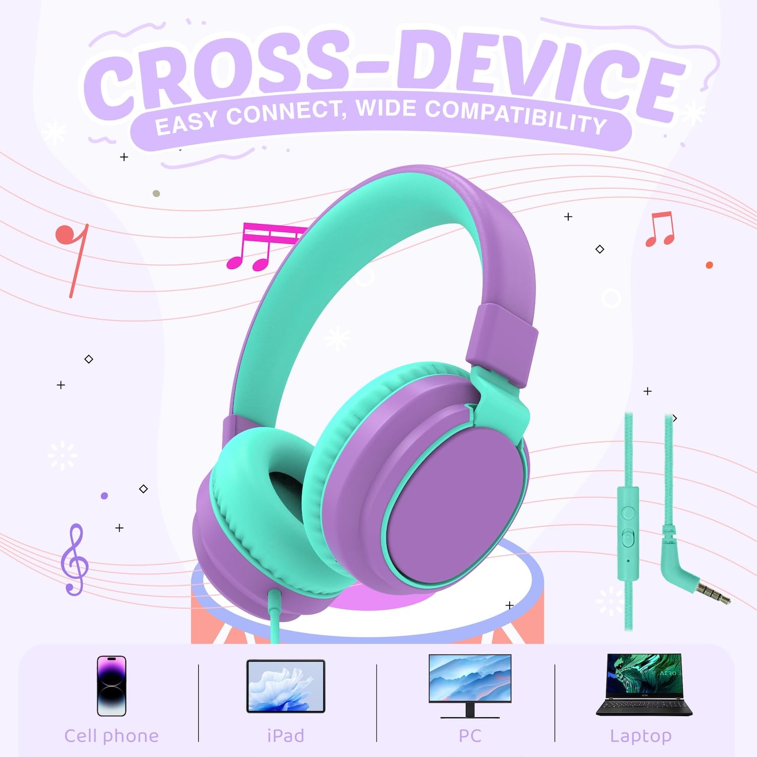 Auriculares para niños con volumen limitado a 85/94 dB - Auriculares con cable plegables para colocar sobre la oreja con micrófono, color rosa