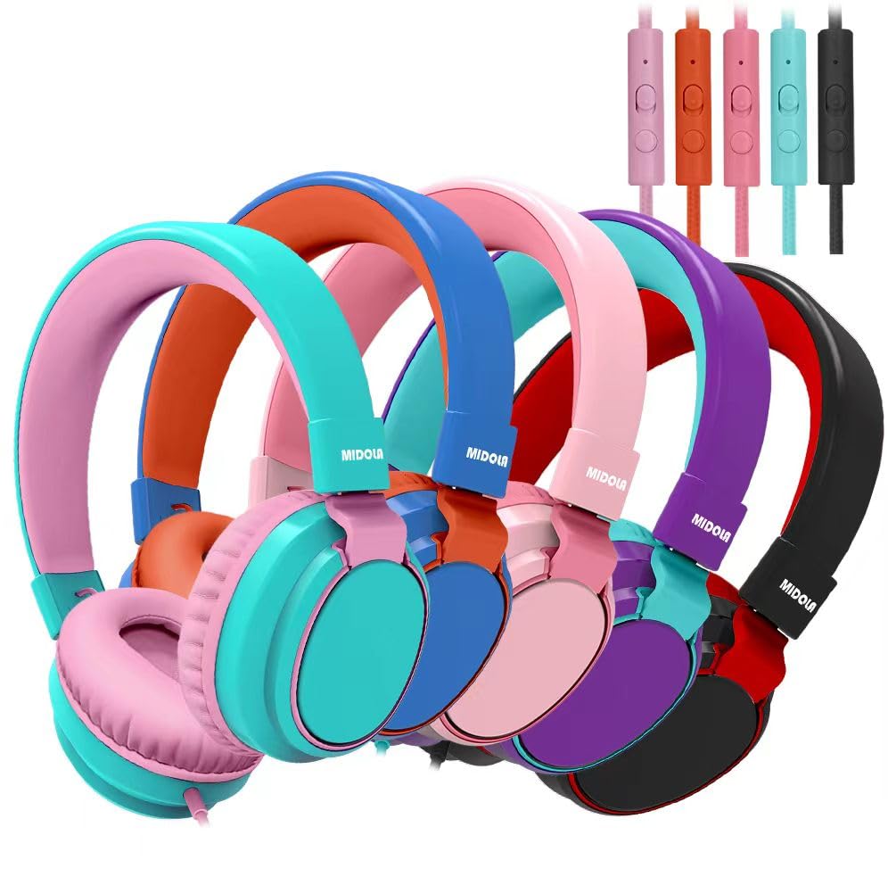 Auriculares para niños con volumen limitado a 85/94 dB - Auriculares con cable plegables para colocar sobre la oreja con micrófono, color rosa