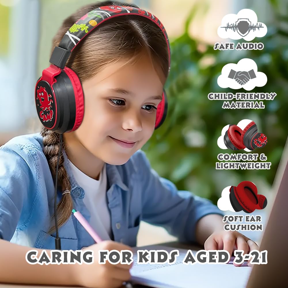 Auriculares para niños con volumen limitado a 85/94 dB - Auriculares con cable plegables para colocar sobre la oreja con micrófono, color rosa