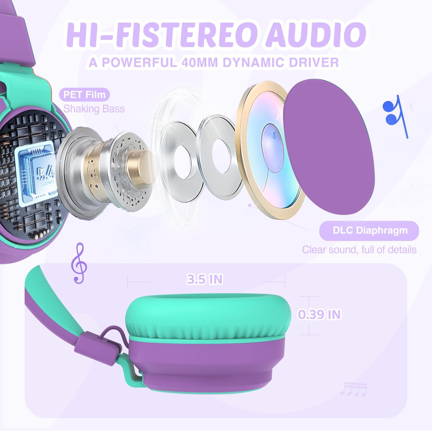 Auriculares para niños con volumen limitado a 85/94 dB - Auriculares con cable plegables para colocar sobre la oreja con micrófono, color rosa