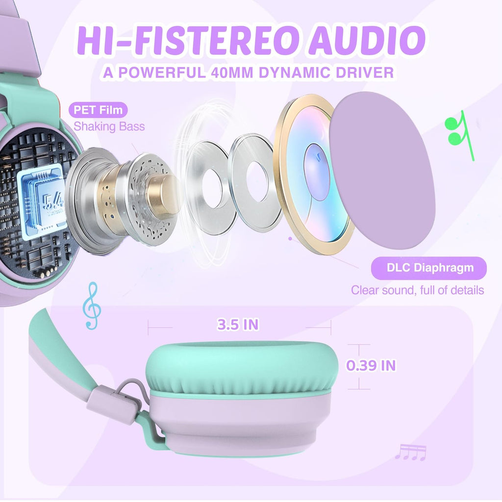 Auriculares para niños con volumen limitado a 85/94 dB - Auriculares con cable plegables para colocar sobre la oreja con micrófono, color rosa