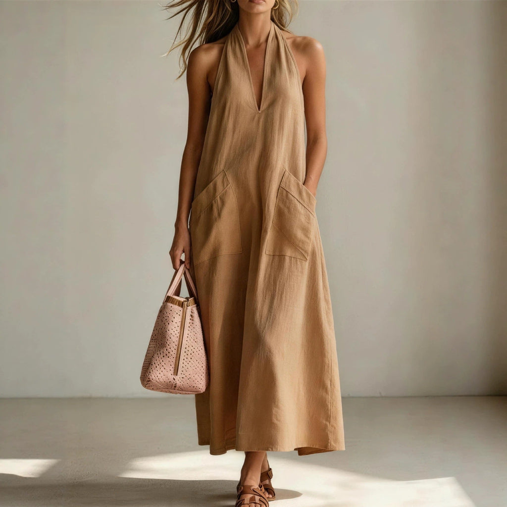 Cotton Halterneck Sleeveless Deep V-Neck Loose Straight-Line Dress
