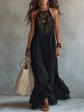 Women's Black Lace Trim Sleeveless Loose Maxi Dress