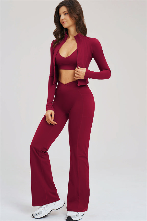 El conjunto de 3 piezas Sizzle Zip Jacket Sports Bra Flared Leggings