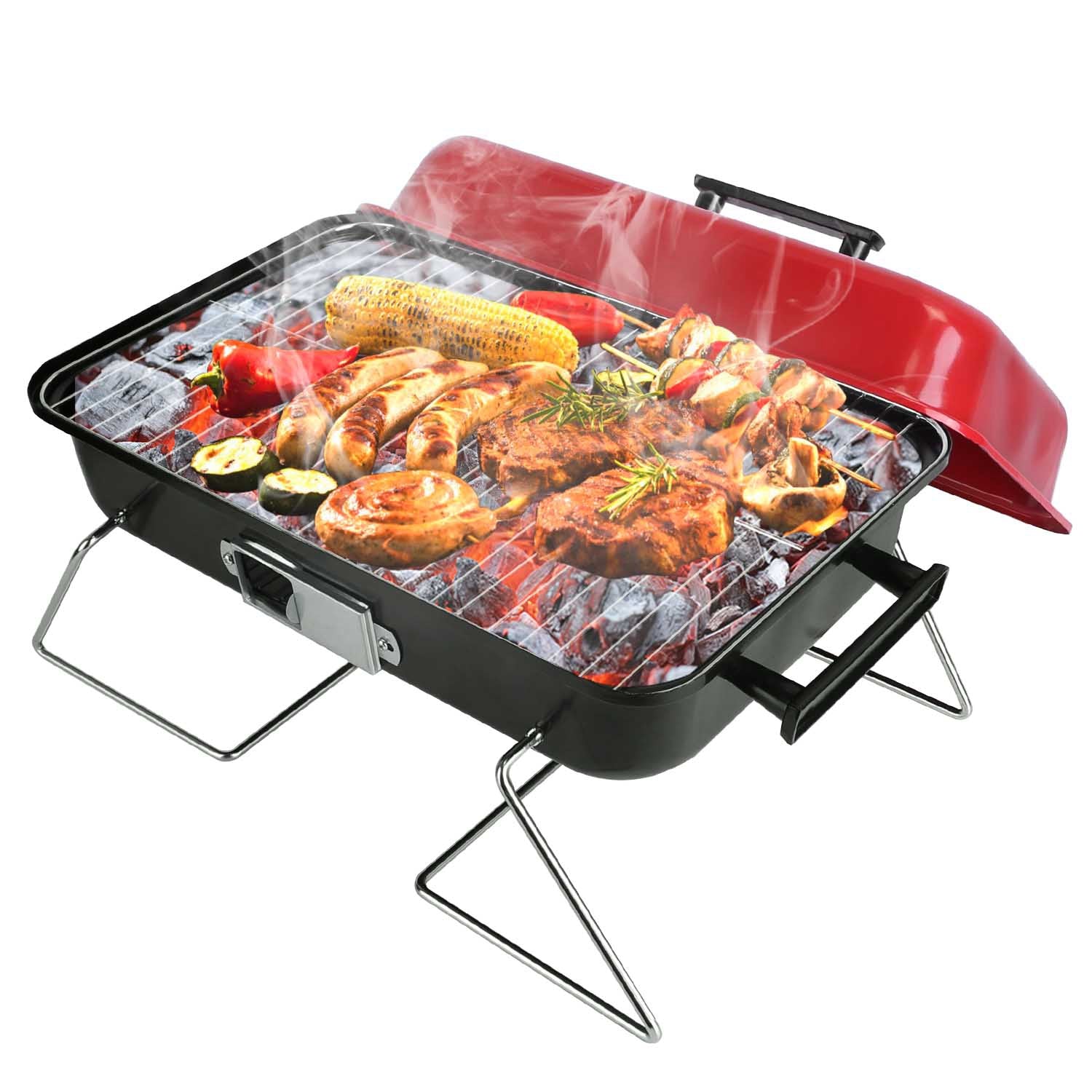 Parrilla de carbón portátil para exteriores, parrilla de mesa pequeña, ahumador de barbacoa plegable con tapa para patio trasero, camping, picnics, playa