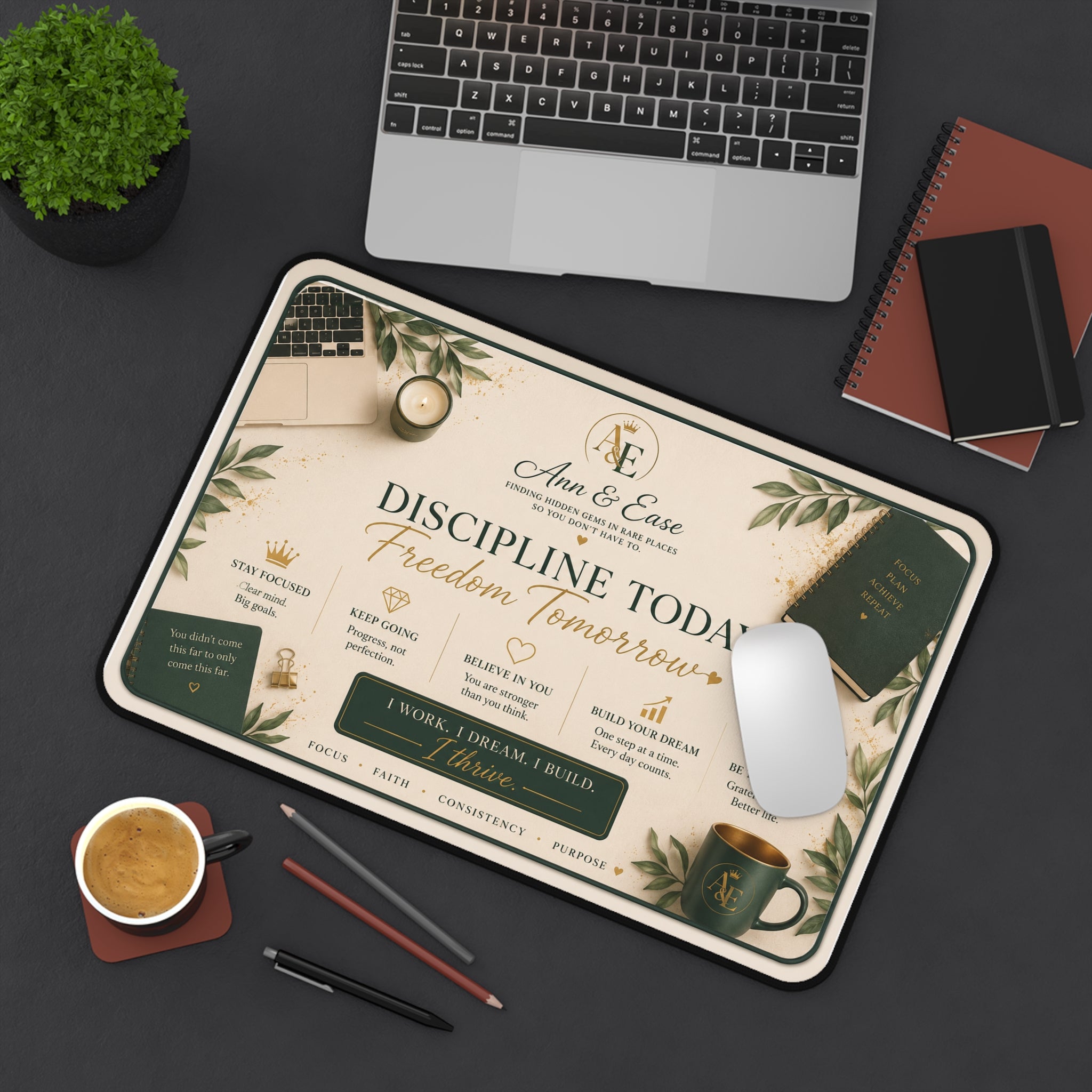 Discipline Today Desk Mat — Motivational Office Mousepad with 'Freedom Tomorrow' Inspirational Quote