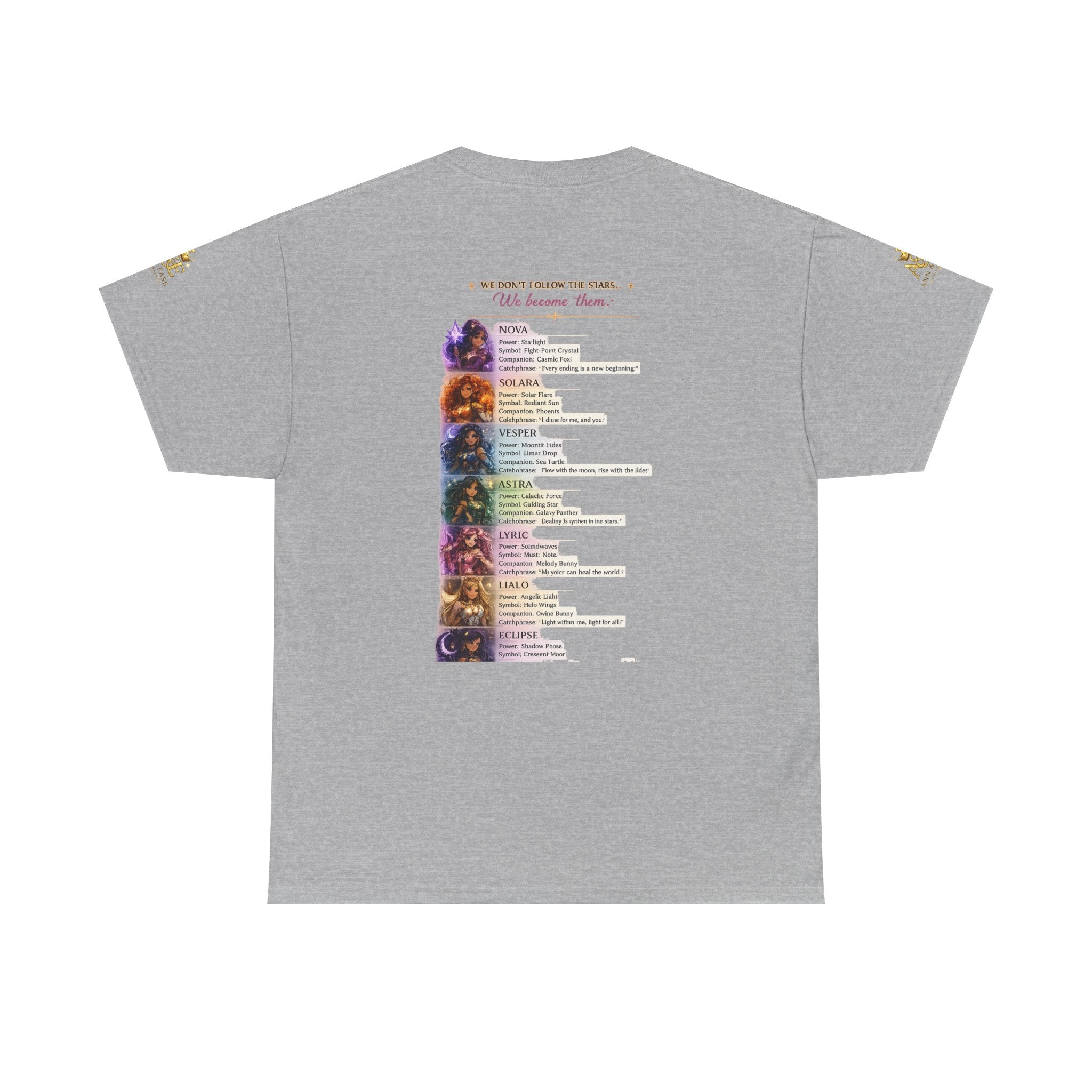 Camiseta gráfica Lumina Guardians — Camiseta con diseño de póster de personaje de fantasía a todo color