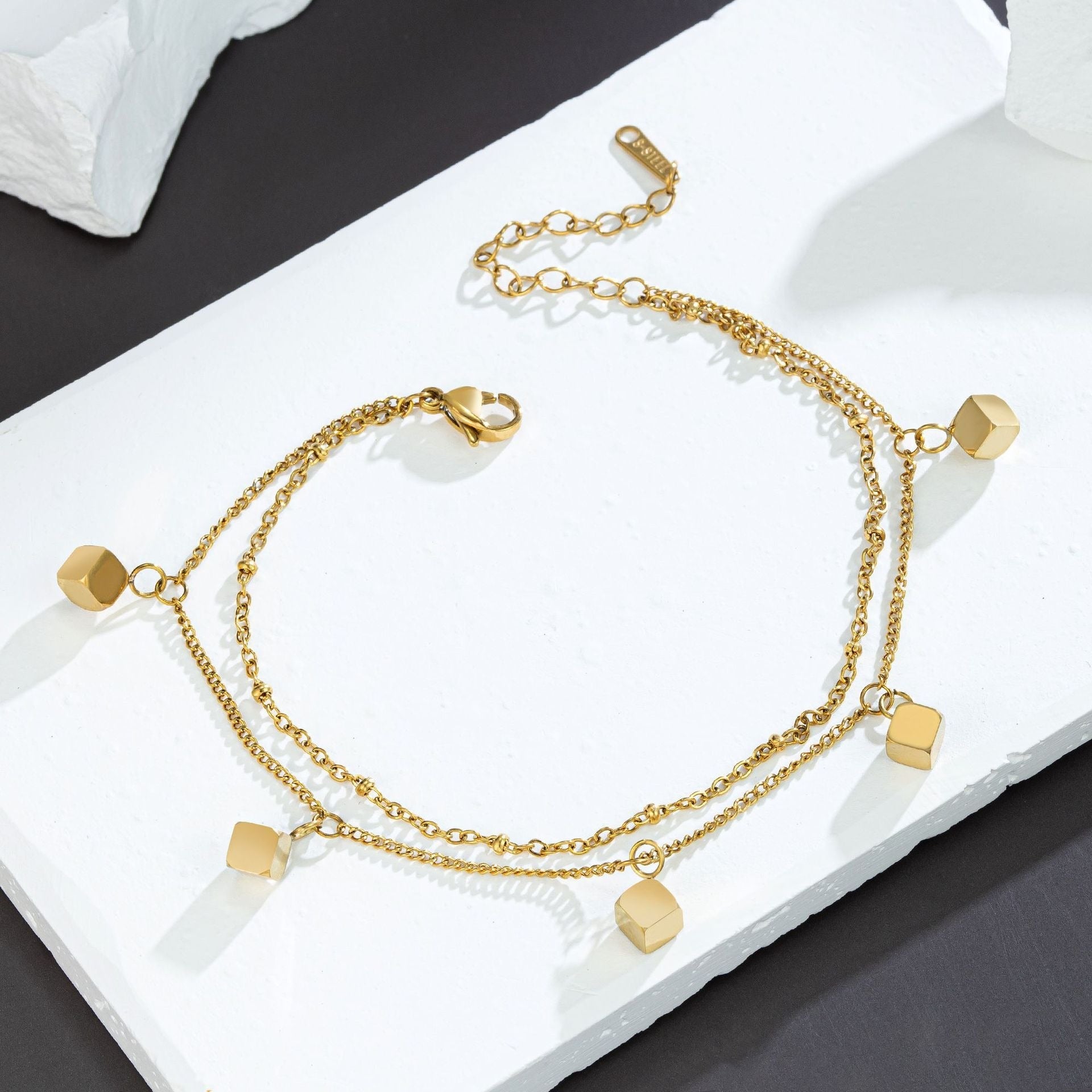 18k gold plated light luxury square double-layer design anklet