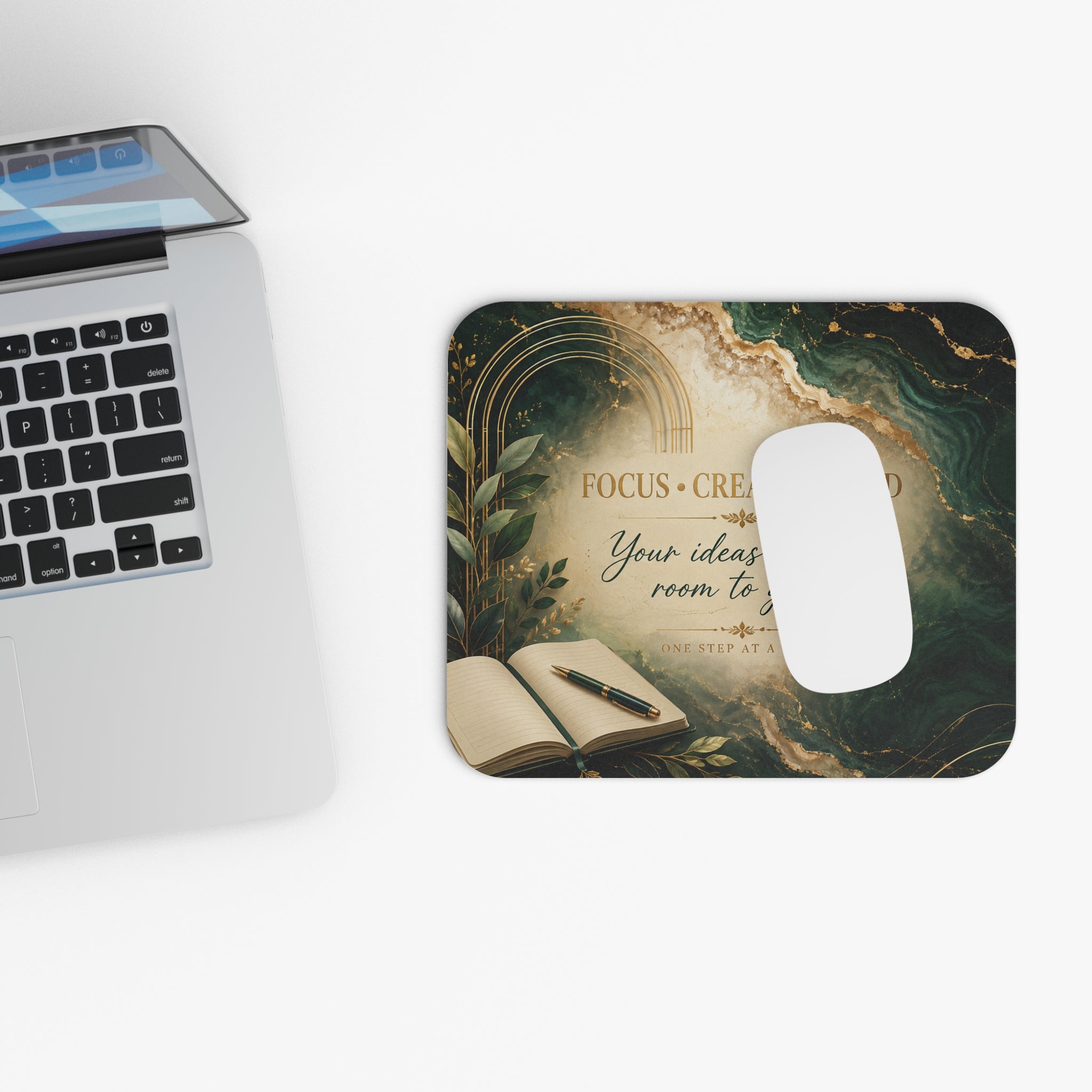 Inspirational Desk Mouse Pad — "Focus • Create • Build — Your ideas deserve room to grow"