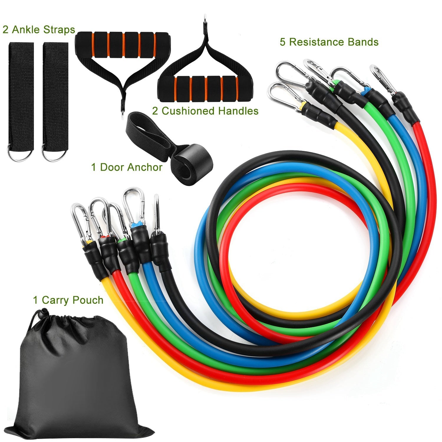 Set de 11 bandas de resistencia para fitness, tubos de ejercicio de hasta 45 kg con anclaje para puerta, asas, correas de tobillo para entrenamiento físico, yoga, Pilates