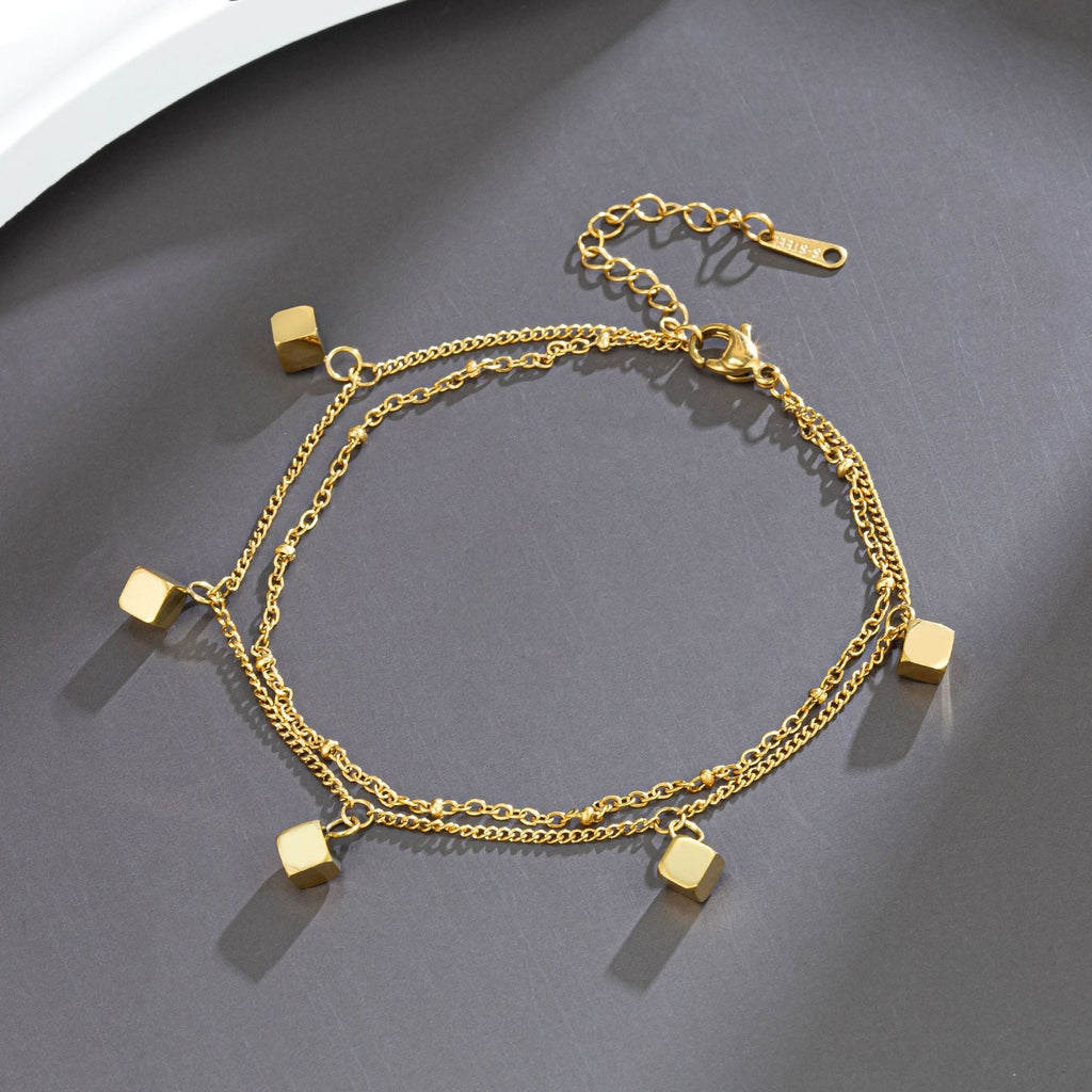 18k gold plated light luxury square double-layer design anklet