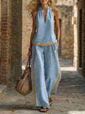 Women’s Contrast Color Sleeveless Vest and Wide-Leg Pants Set