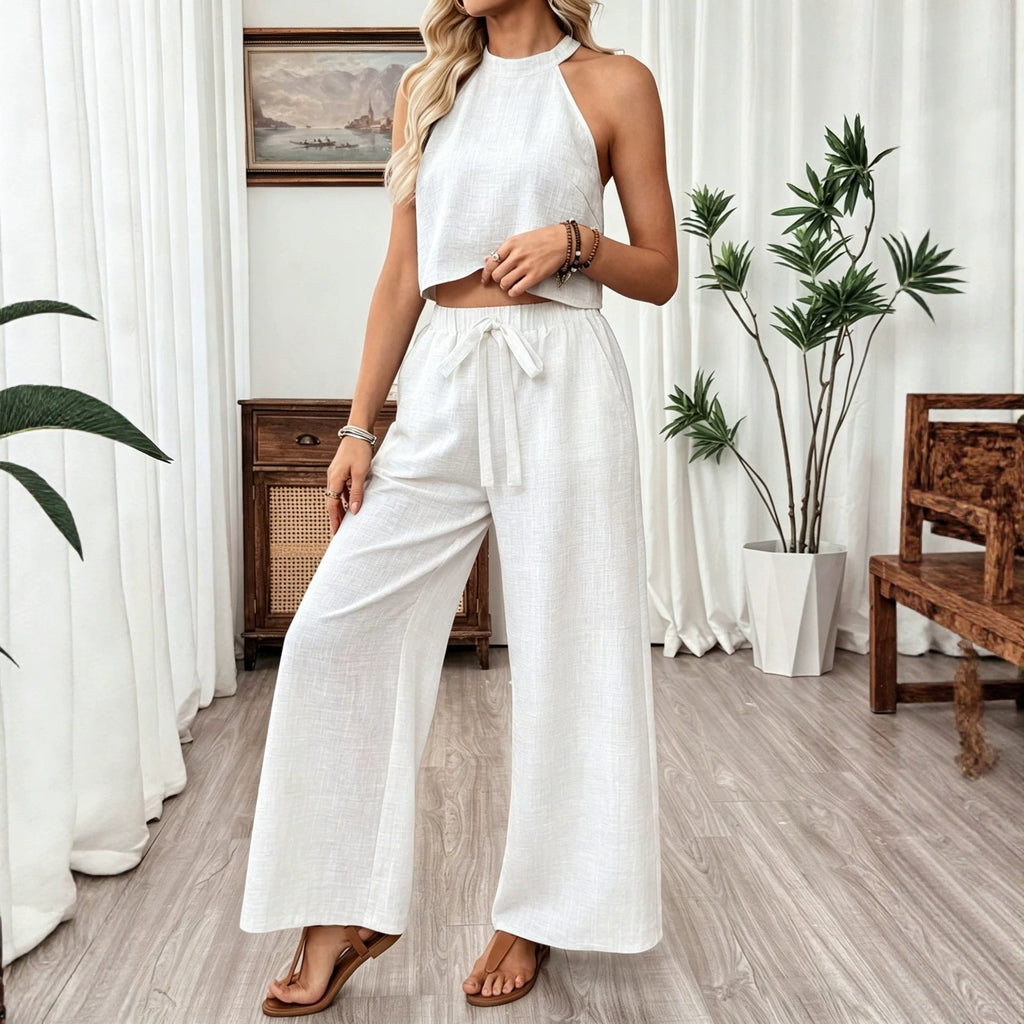 Women's Halter Neck Cropped Top & Wide-Leg Pants Two-Piece Set