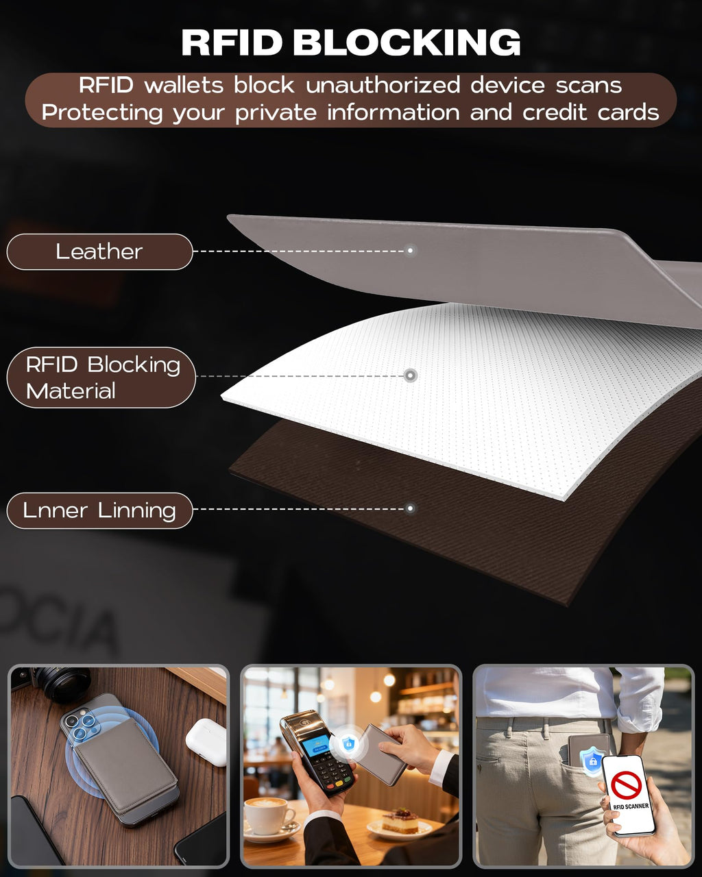 Billetera GNDR para hombre, doble pliegue, negra, con bloqueo RFID, delgada, de piel sintética, tarjetero, bolsillo frontal, accesorios minimalistas para hombre con caja de regalo