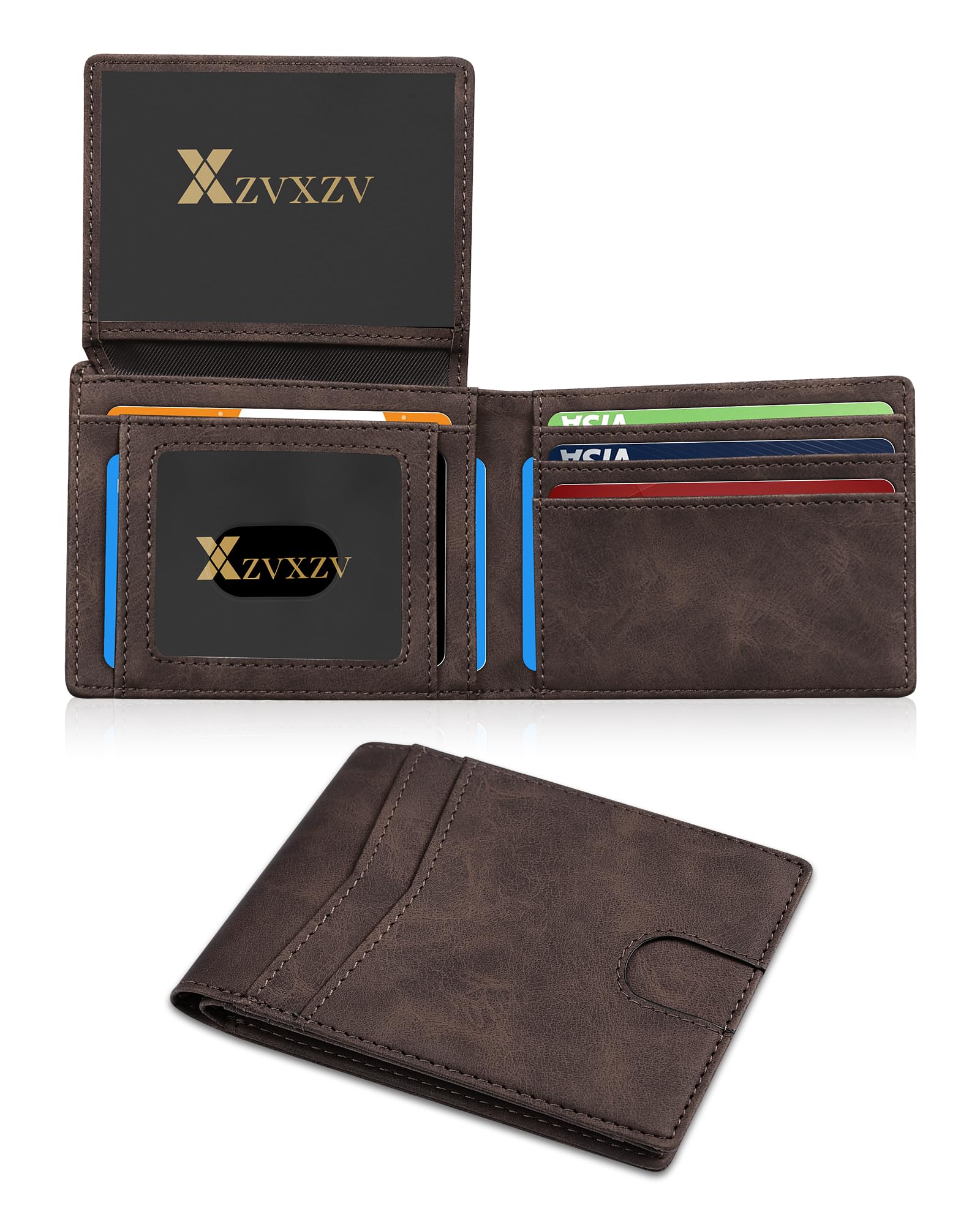 Men's Ultra Thin Wallet Leather RFID Blocking Bifold Stylish Wallet with Slim Minimalist Front Pocket 2 ID Windows (Carbon Black&Black)