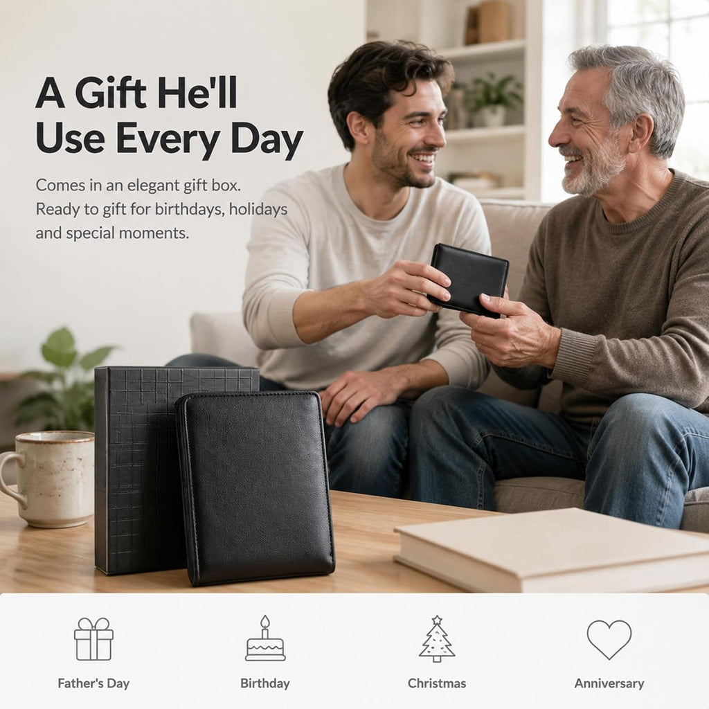 Billetera GNDR para hombre, doble pliegue, negra, con bloqueo RFID, delgada, de piel sintética, tarjetero, bolsillo frontal, accesorios minimalistas para hombre con caja de regalo