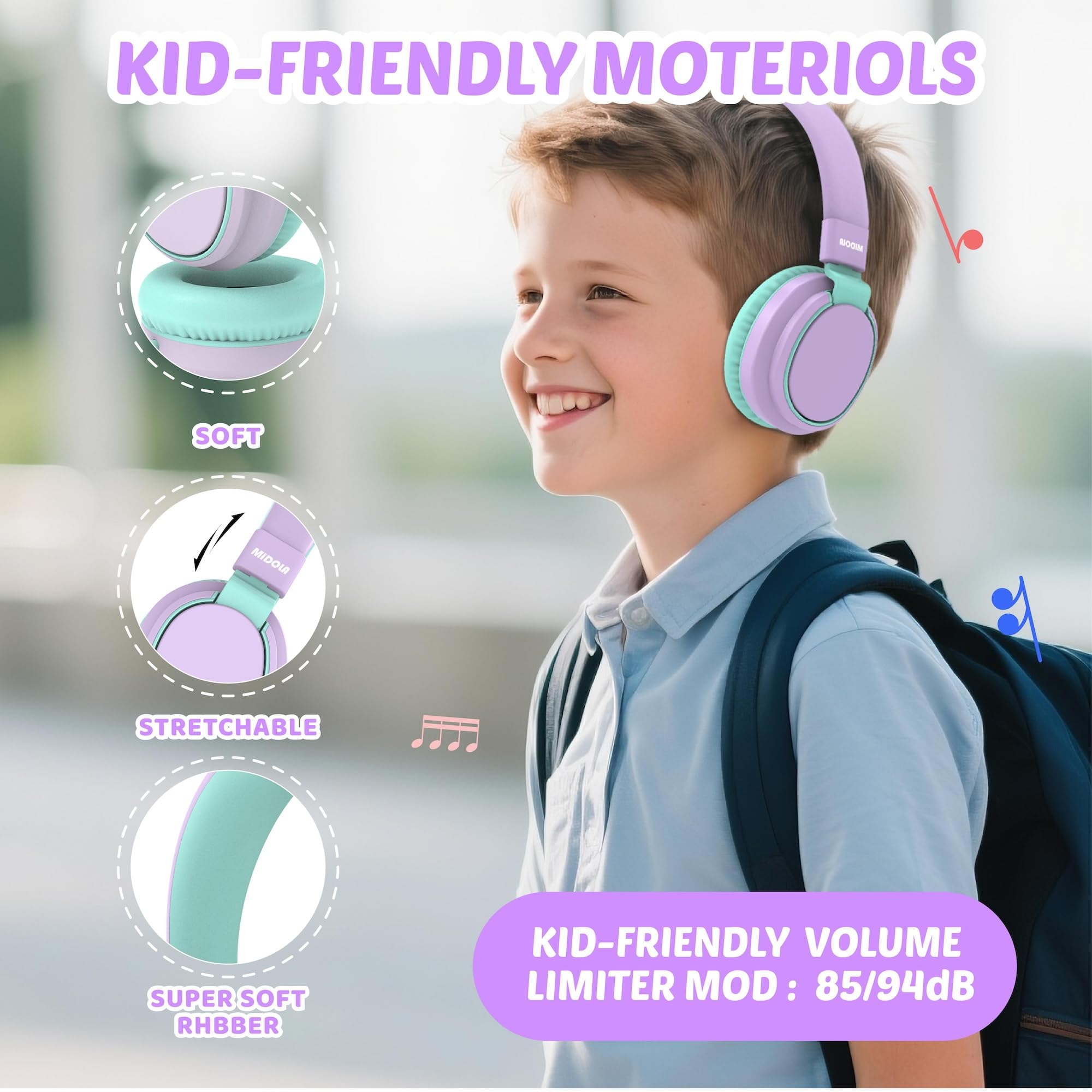 Auriculares para niños con volumen limitado a 85/94 dB - Auriculares con cable plegables para colocar sobre la oreja con micrófono, color rosa
