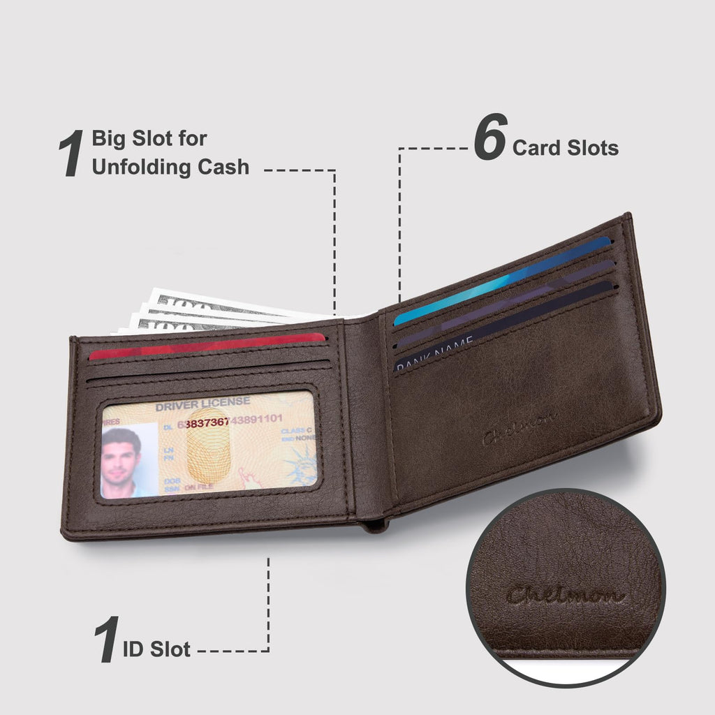 Cartera delgada Chelmon para hombre con ventana de identificación y bloqueo RFID, tarjetero minimalista plegable de bolsillo frontal para tarjetas de visita, regalo para hombres