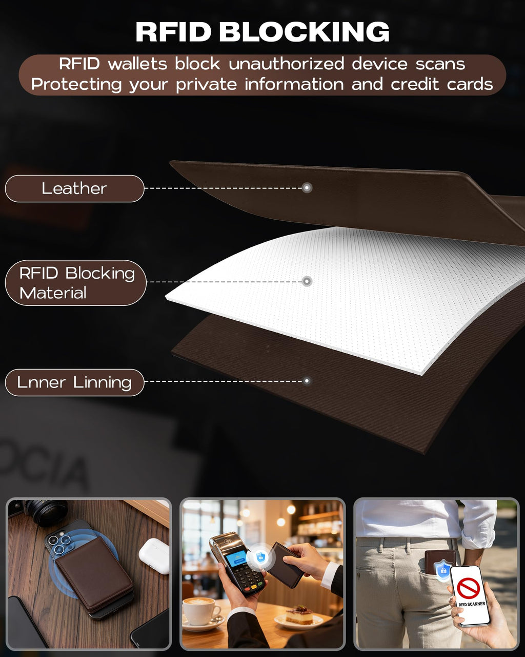 Billetera GNDR para hombre, doble pliegue, negra, con bloqueo RFID, delgada, de piel sintética, tarjetero, bolsillo frontal, accesorios minimalistas para hombre con caja de regalo