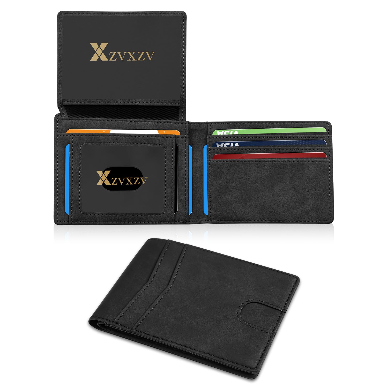 Men's Ultra Thin Wallet Leather RFID Blocking Bifold Stylish Wallet with Slim Minimalist Front Pocket 2 ID Windows (Carbon Black&Black)