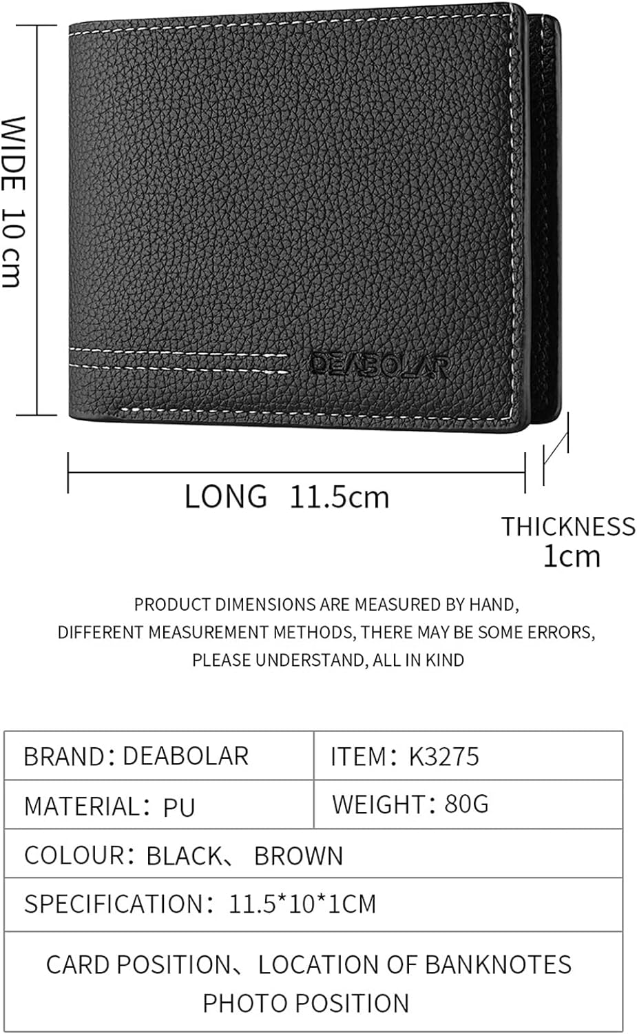 Men Wallet Black PU Material 4 Card Holder 2 Money Pockets 1 Clear Window Suitable for Gifts without RFID Slim Small for Traveling
