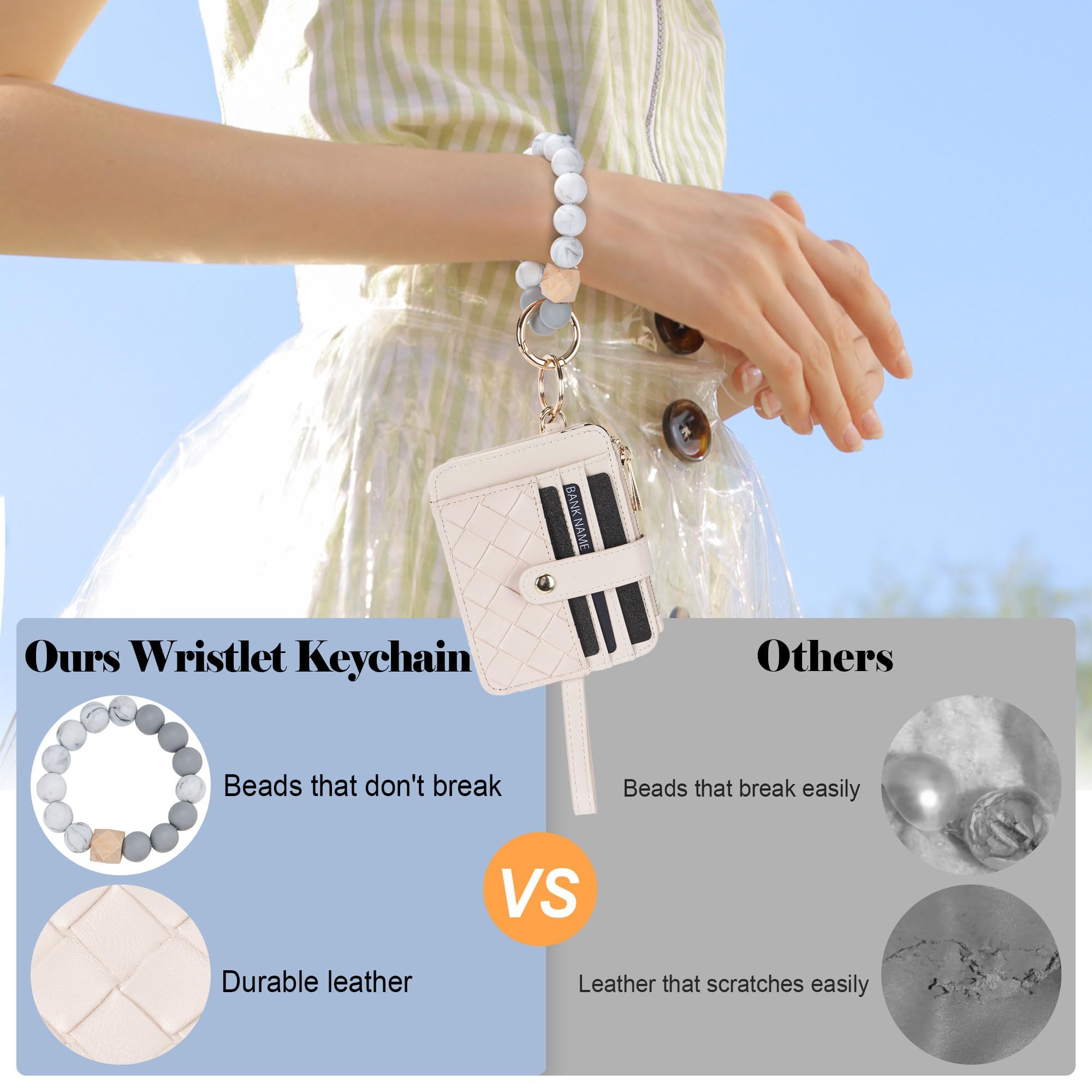 Credit Card Holder for Women, Small Keychain Wristlet Wallets | RFID Blocking Card Wallet with Silicone Beaded, Tassel, ID Window, Keyring and Zipper Coin Pocket
