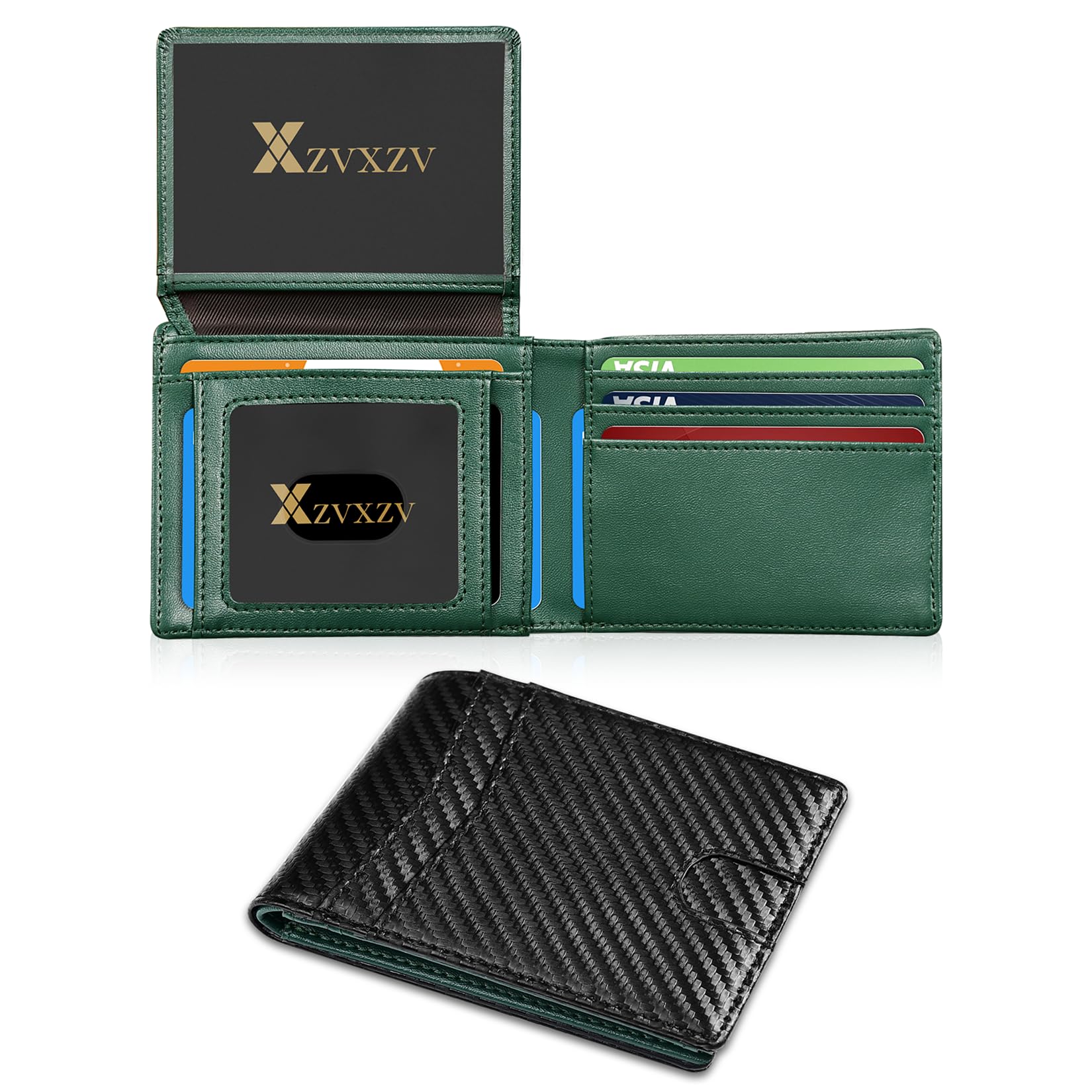 Men's Ultra Thin Wallet Leather RFID Blocking Bifold Stylish Wallet with Slim Minimalist Front Pocket 2 ID Windows (Carbon Black&Black)