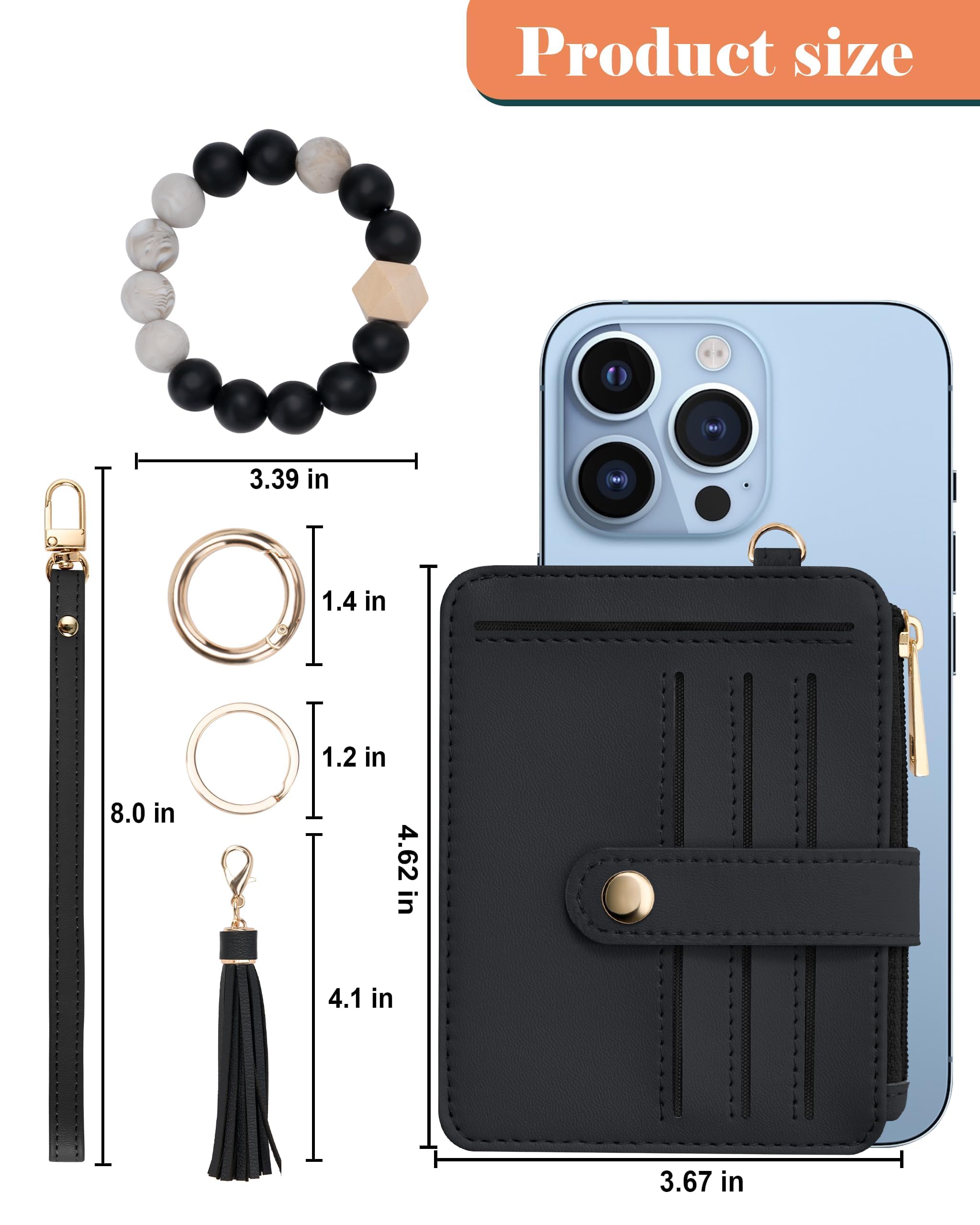 Credit Card Holder for Women, Small Keychain Wristlet Wallets | RFID Blocking Card Wallet with Silicone Beaded, Tassel, ID Window, Keyring and Zipper Coin Pocket