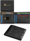 Cartera Ultrafina para Hombre, Billetera de Cuero con Bloqueo RFID, Bifold Elegante con Bolsillo Frontal Delgado Minimalista y 2 Ventanas para Identificación (Negro Carbón y Negro)