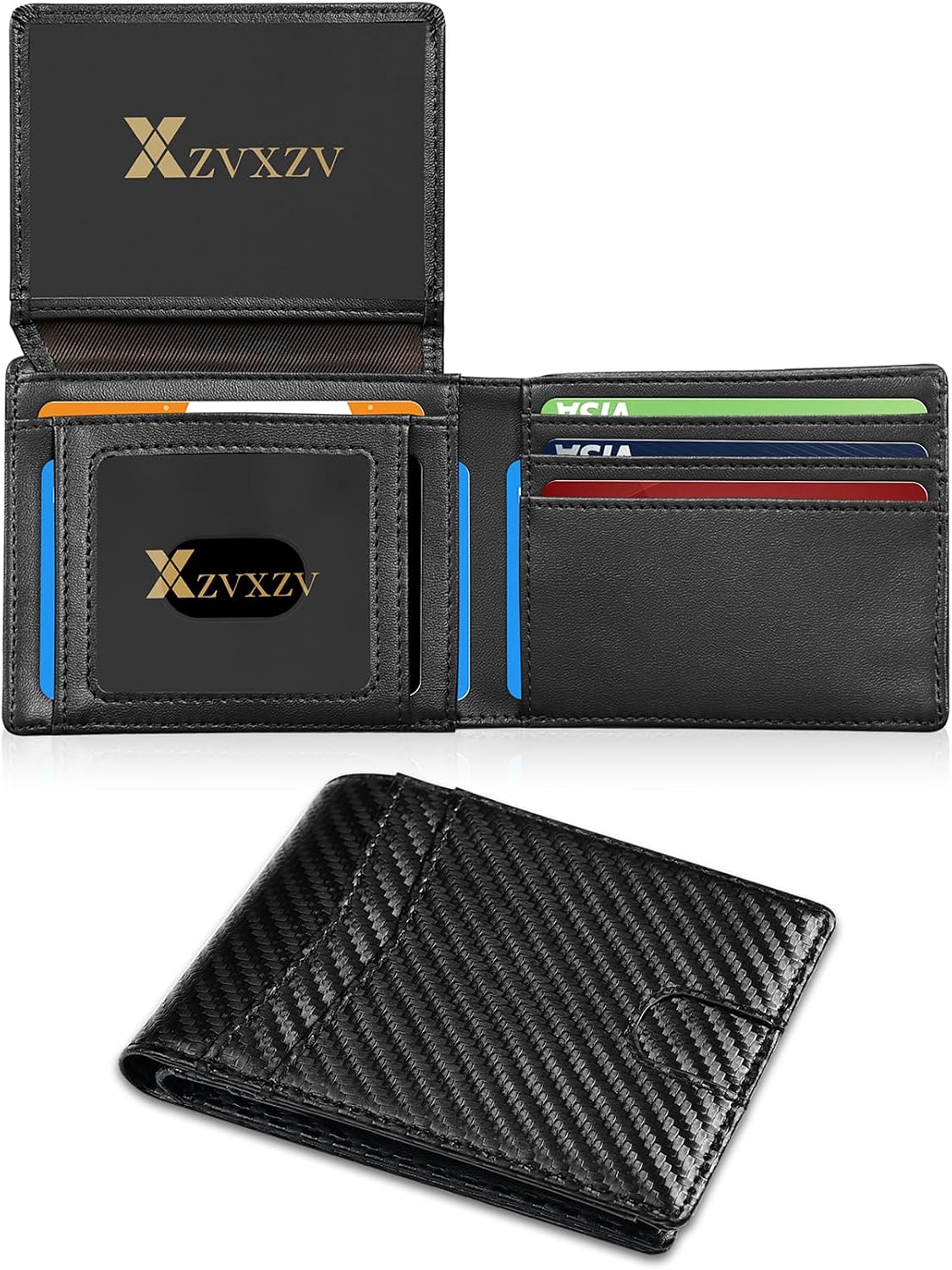 Cartera Ultrafina para Hombre, Billetera de Cuero con Bloqueo RFID, Bifold Elegante con Bolsillo Frontal Delgado Minimalista y 2 Ventanas para Identificación (Negro Carbón y Negro)