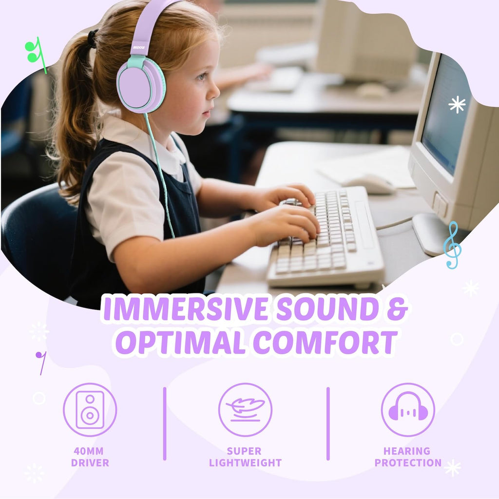 Auriculares para niños con volumen limitado a 85/94 dB - Auriculares con cable plegables para colocar sobre la oreja con micrófono, color rosa