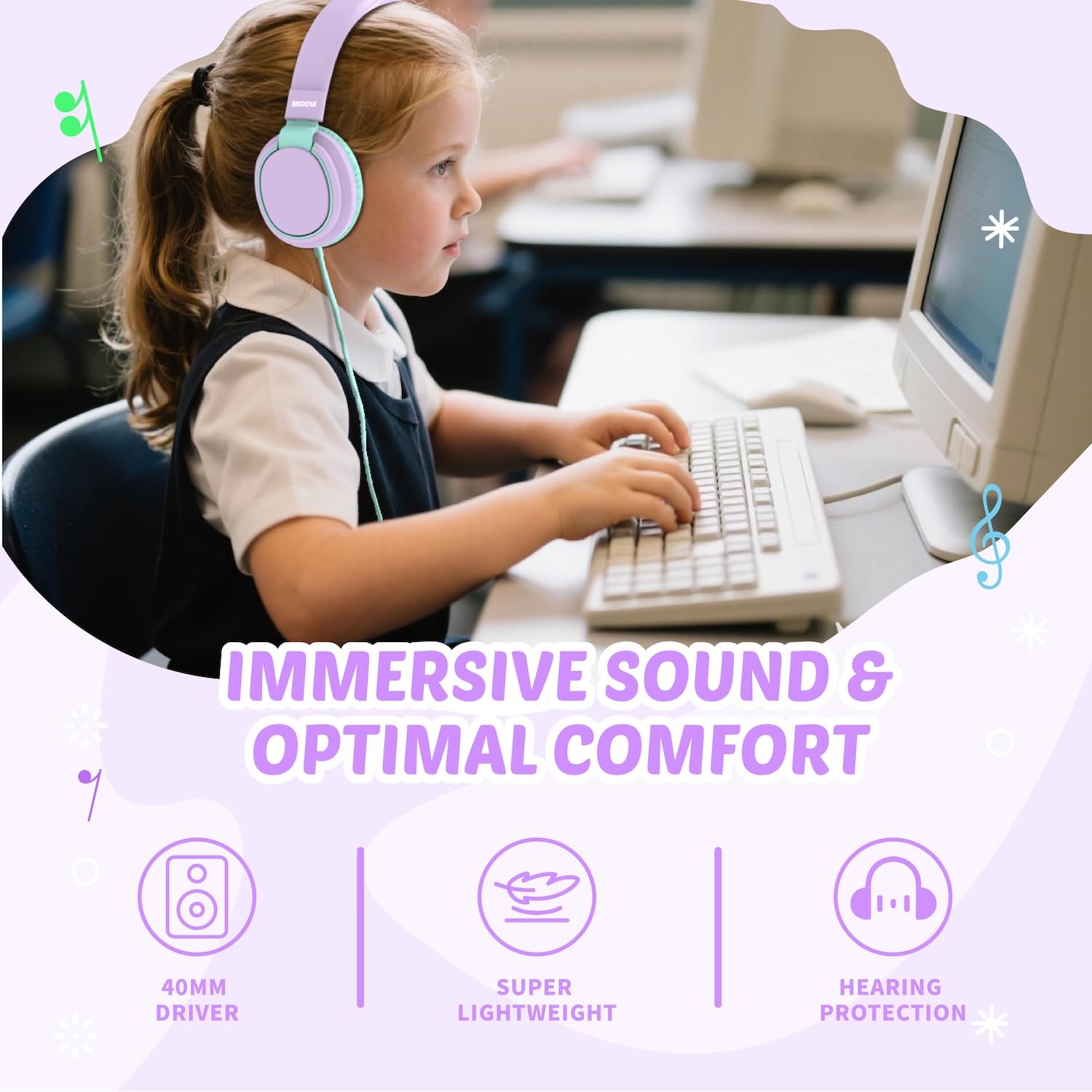 Auriculares para niños con volumen limitado a 85/94 dB - Auriculares con cable plegables para colocar sobre la oreja con micrófono, color rosa