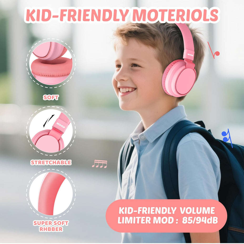 Auriculares para niños con volumen limitado a 85/94 dB - Auriculares con cable plegables para colocar sobre la oreja con micrófono, color rosa