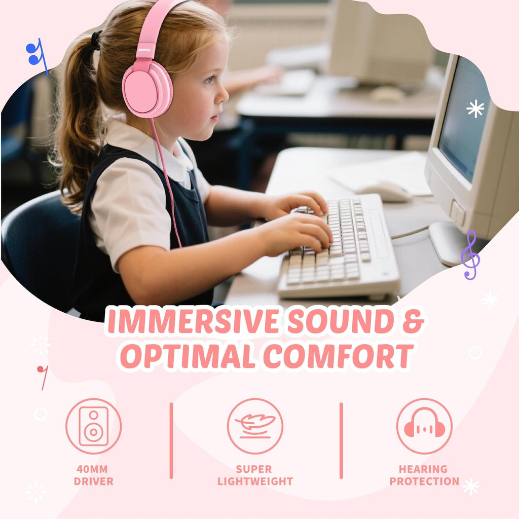 Auriculares para niños con volumen limitado a 85/94 dB - Auriculares con cable plegables para colocar sobre la oreja con micrófono, color rosa