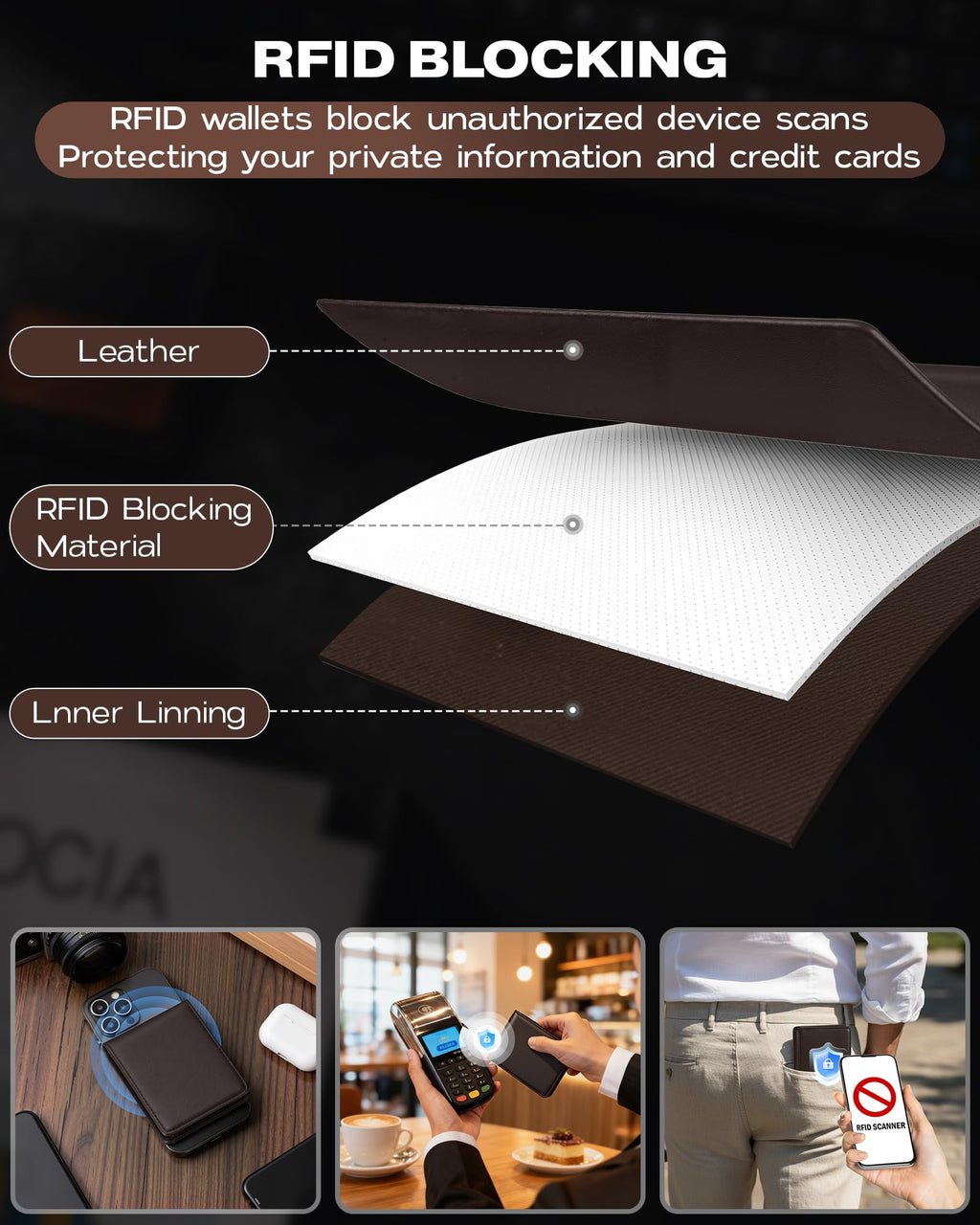 Billetera GNDR para hombre, doble pliegue, negra, con bloqueo RFID, delgada, de piel sintética, tarjetero, bolsillo frontal, accesorios minimalistas para hombre con caja de regalo