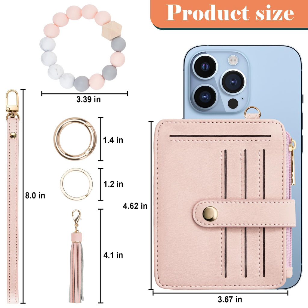 Credit Card Holder for Women, Small Keychain Wristlet Wallets | RFID Blocking Card Wallet with Silicone Beaded, Tassel, ID Window, Keyring and Zipper Coin Pocket