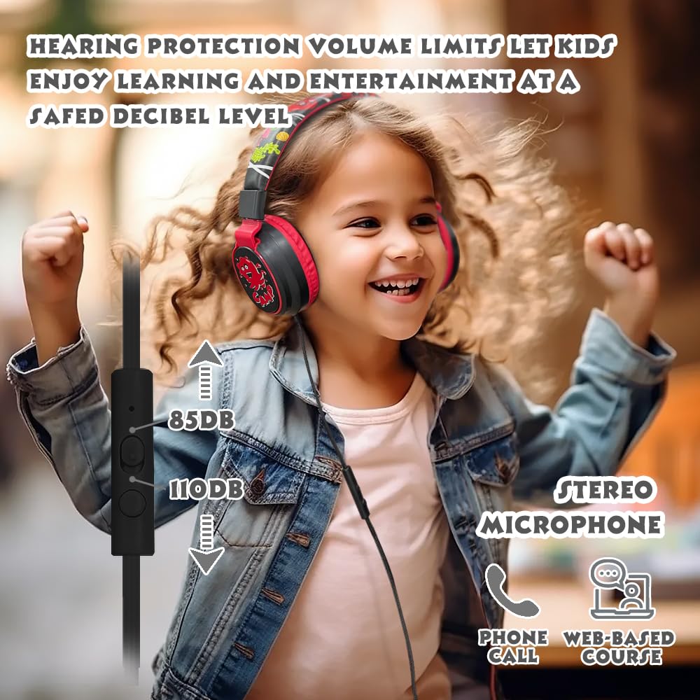 Auriculares para niños con volumen limitado a 85/94 dB - Auriculares con cable plegables para colocar sobre la oreja con micrófono, color rosa