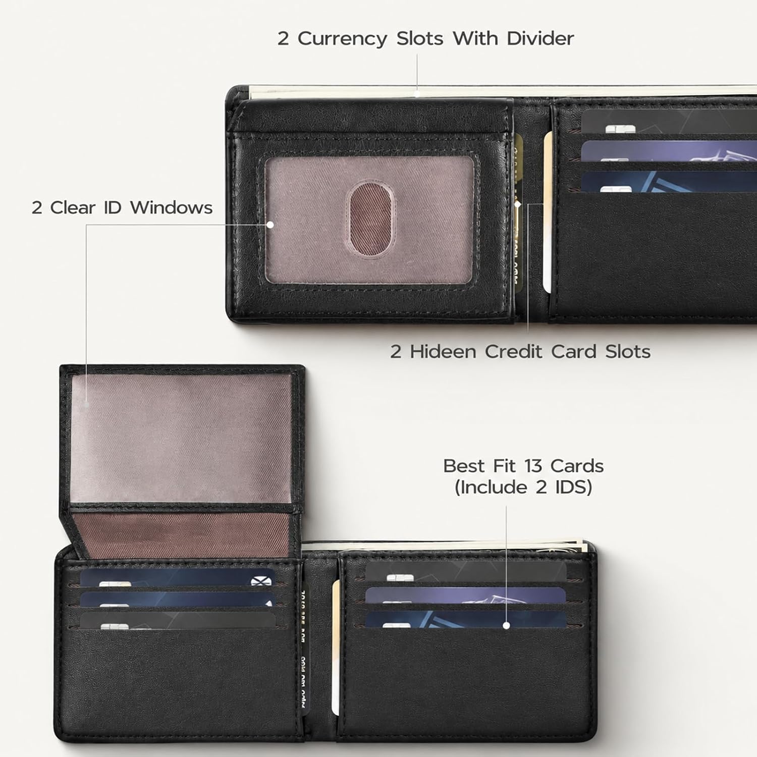 Billetera GNDR para hombre, doble pliegue, negra, con bloqueo RFID, delgada, de piel sintética, tarjetero, bolsillo frontal, accesorios minimalistas para hombre con caja de regalo