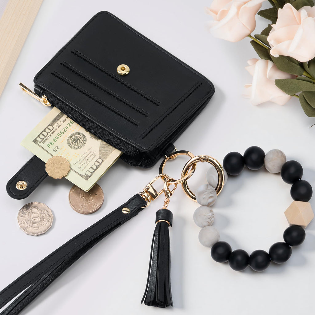 Credit Card Holder for Women, Small Keychain Wristlet Wallets | RFID Blocking Card Wallet with Silicone Beaded, Tassel, ID Window, Keyring and Zipper Coin Pocket
