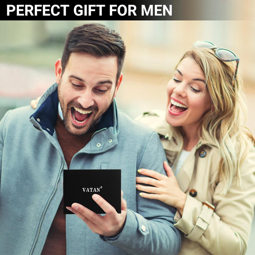 VATAN Cartera para Hombre Delgada con Bloqueo RFID, Tarjetero de Cuero para 15 Tarjetas, Billetera Plegable Minimalista Fina con 2 Ventanas de Identificación y Ranura para Efectivo, con Caja de Regalo (Negro Fibra de Carbono)