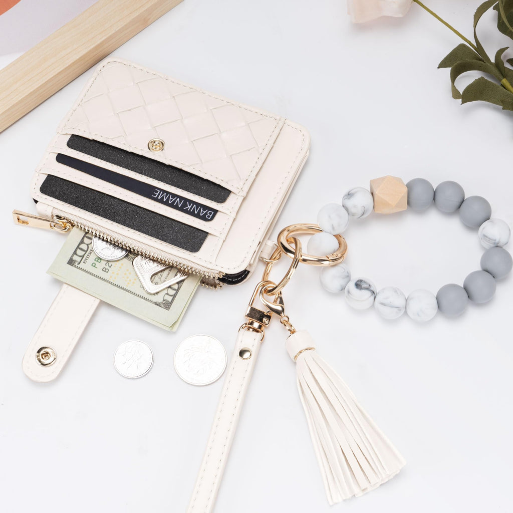 Credit Card Holder for Women, Small Keychain Wristlet Wallets | RFID Blocking Card Wallet with Silicone Beaded, Tassel, ID Window, Keyring and Zipper Coin Pocket