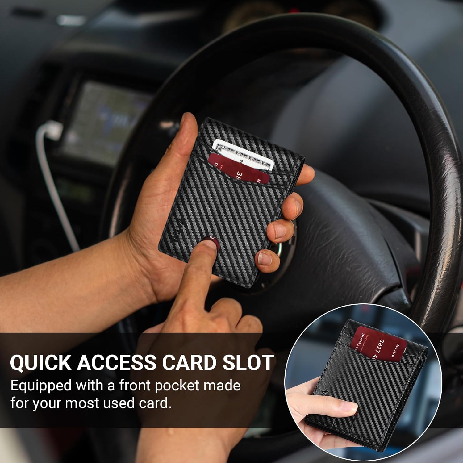 VATAN Cartera para Hombre Delgada con Bloqueo RFID, Tarjetero de Cuero para 15 Tarjetas, Billetera Plegable Minimalista Fina con 2 Ventanas de Identificación y Ranura para Efectivo, con Caja de Regalo (Negro Fibra de Carbono)