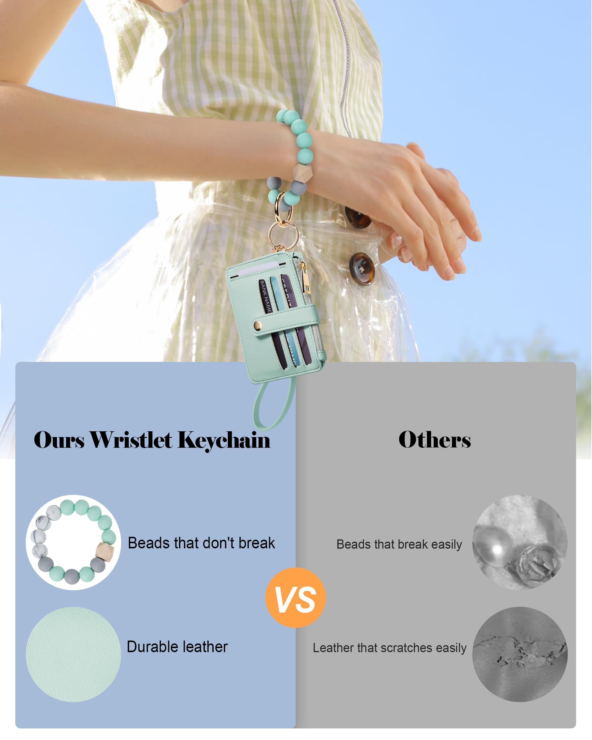 Credit Card Holder for Women, Small Keychain Wristlet Wallets | RFID Blocking Card Wallet with Silicone Beaded, Tassel, ID Window, Keyring and Zipper Coin Pocket