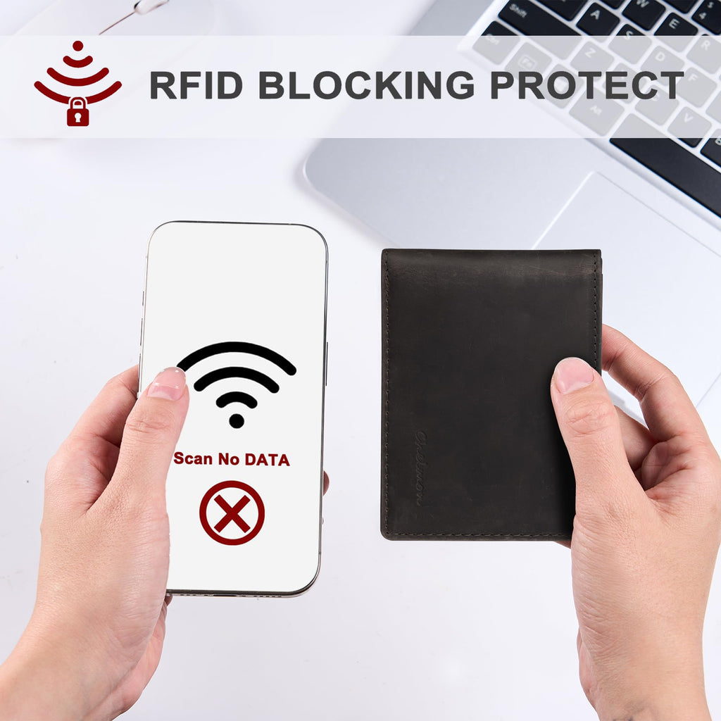 Cartera delgada Chelmon para hombre con ventana de identificación y bloqueo RFID, tarjetero minimalista plegable de bolsillo frontal para tarjetas de visita, regalo para hombres