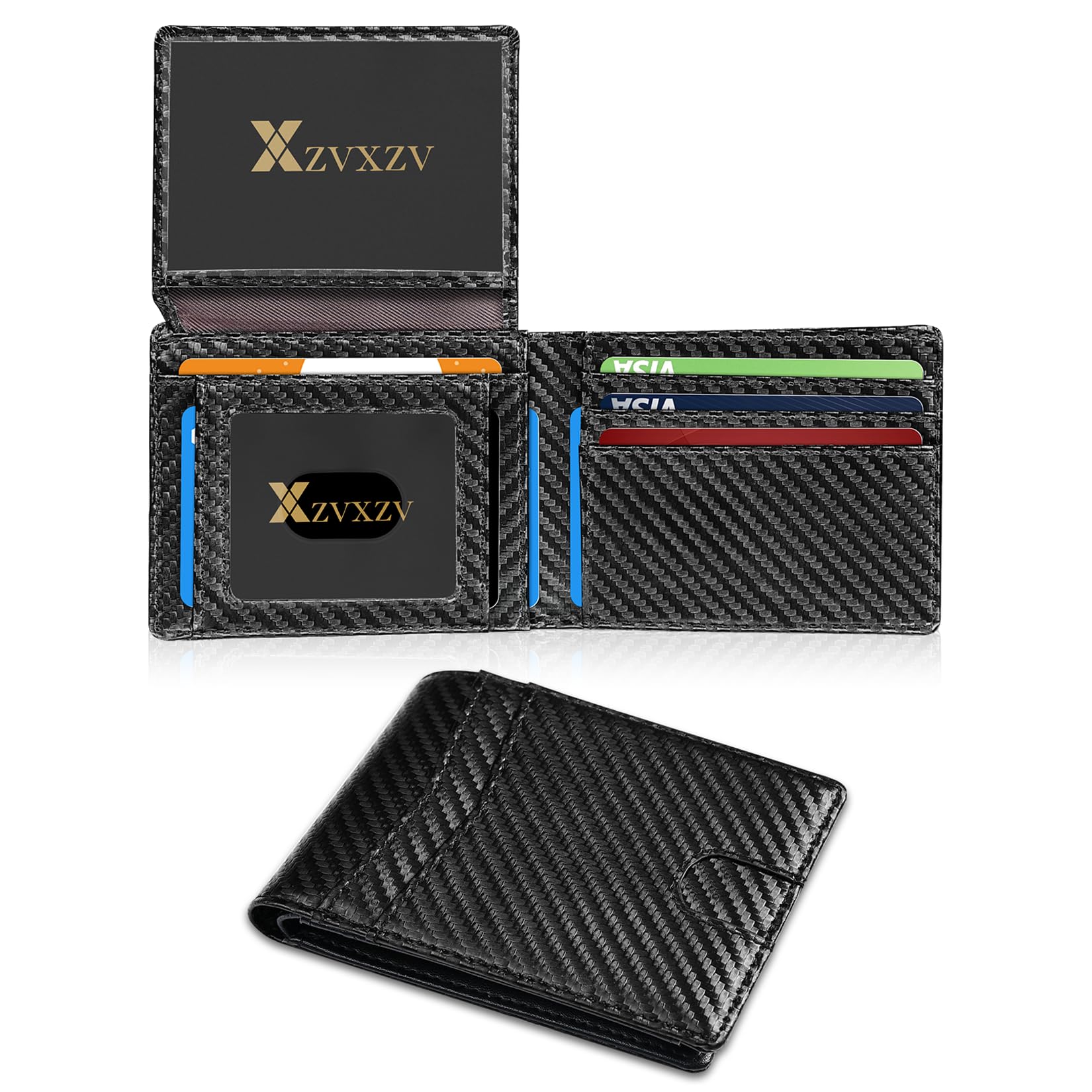 Men's Ultra Thin Wallet Leather RFID Blocking Bifold Stylish Wallet with Slim Minimalist Front Pocket 2 ID Windows (Carbon Black&Black)
