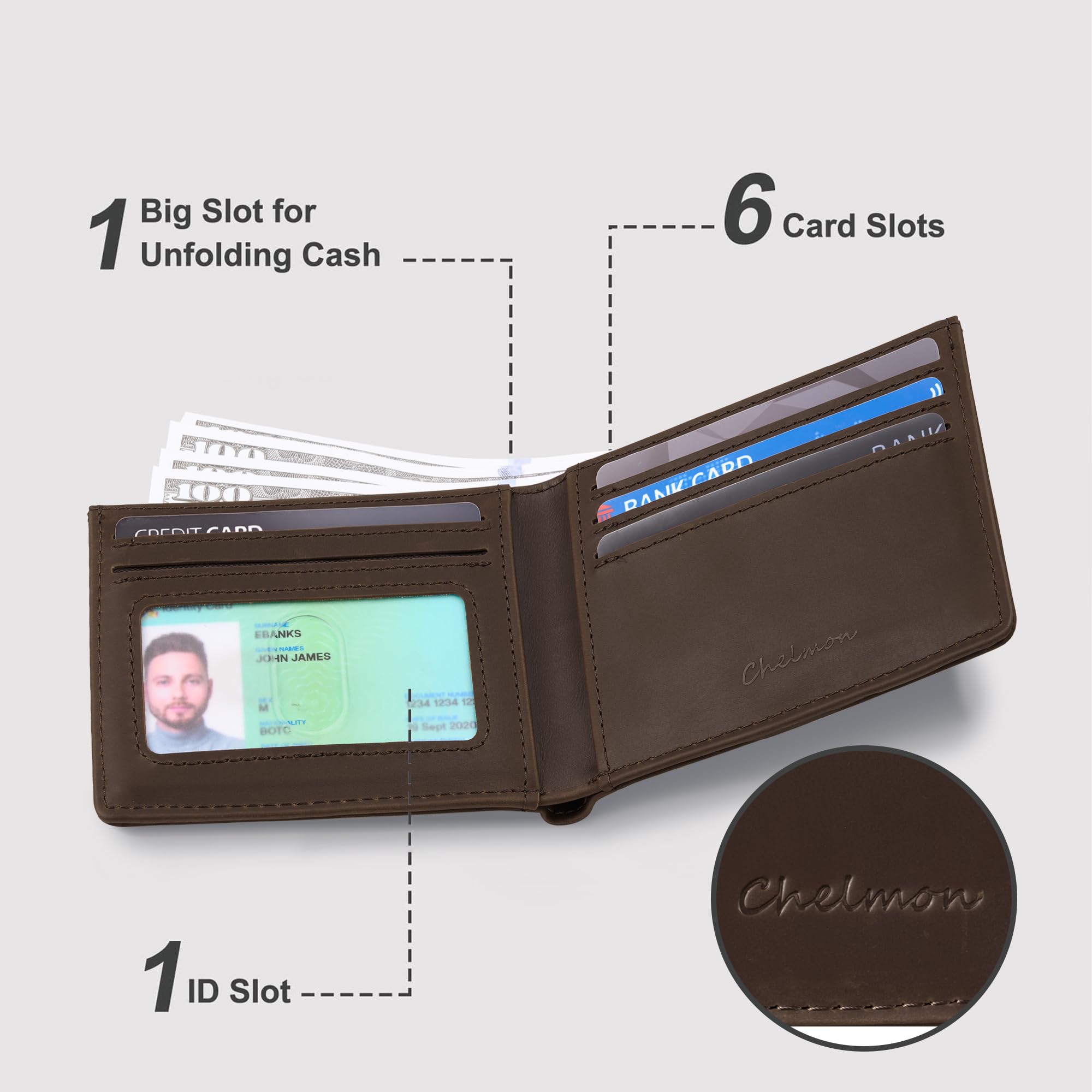 Cartera delgada Chelmon para hombre con ventana de identificación y bloqueo RFID, tarjetero minimalista plegable de bolsillo frontal para tarjetas de visita, regalo para hombres