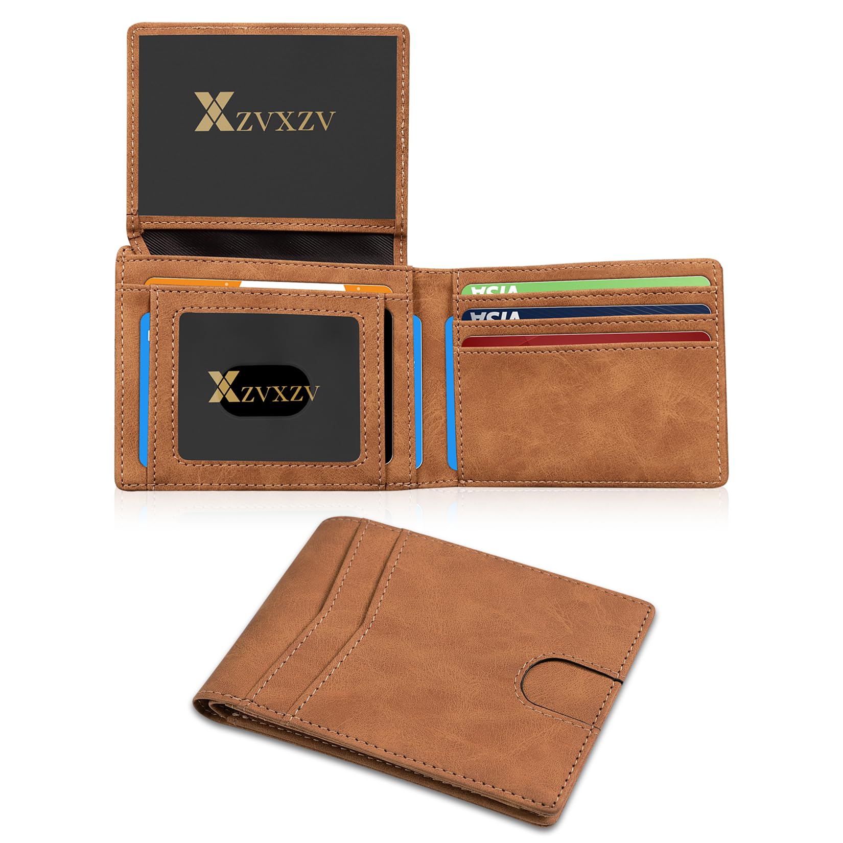 Men's Ultra Thin Wallet Leather RFID Blocking Bifold Stylish Wallet with Slim Minimalist Front Pocket 2 ID Windows (Carbon Black&Black)