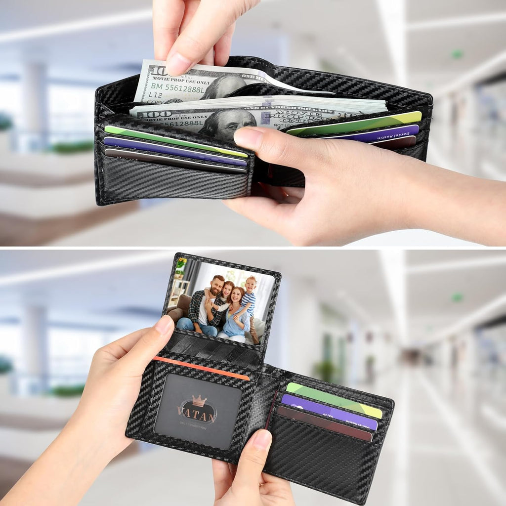 VATAN Cartera para Hombre Delgada con Bloqueo RFID, Tarjetero de Cuero para 15 Tarjetas, Billetera Plegable Minimalista Fina con 2 Ventanas de Identificación y Ranura para Efectivo, con Caja de Regalo (Negro Fibra de Carbono)